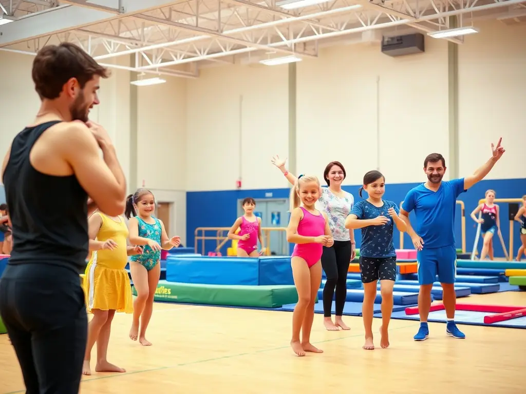 A diverse group of people participating in a gymnastics class outdoors, showcasing teamwork and physical activity in a natural setting.