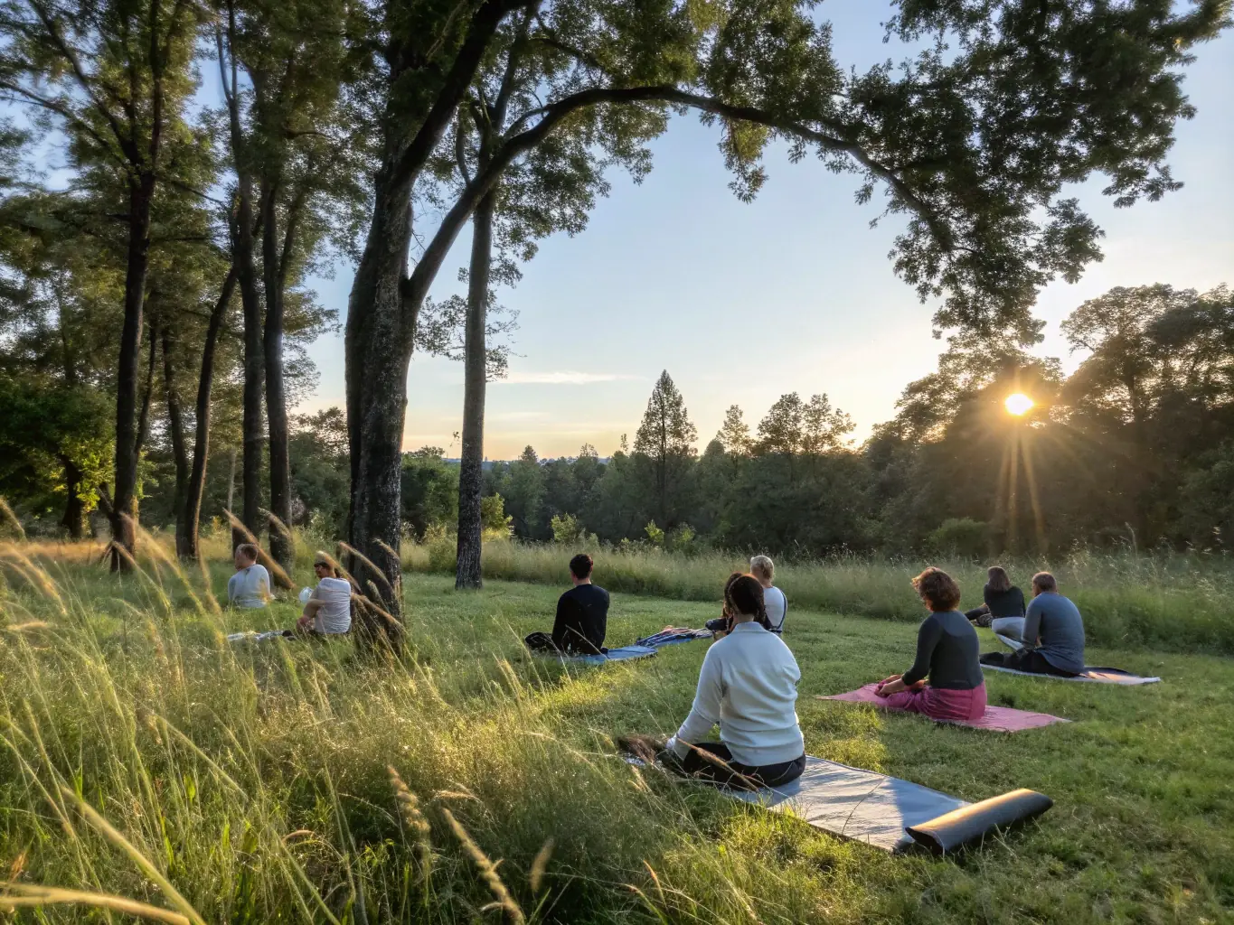 A serene image of participants engaged in mindfulness exercises during an Autumn Wellness Workshop, highlighting the holistic approach to well-being promoted by ASSOCIATION PEIP S SPORT SANTE.