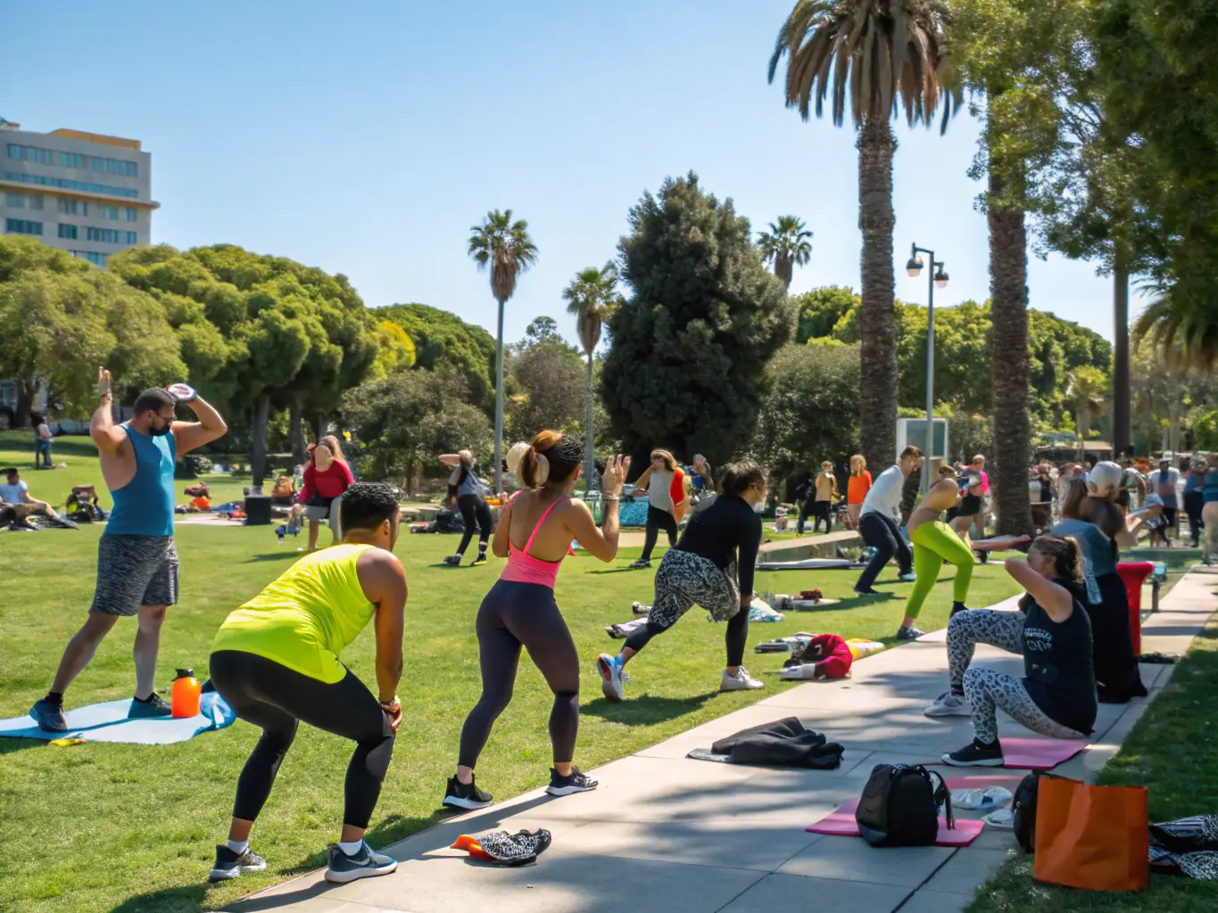 A photograph capturing a group of community members participating in an outdoor fitness event organized by ASSOCIATION PEIP S SPORT SANTE, emphasizing the fun and social aspects of the activity.