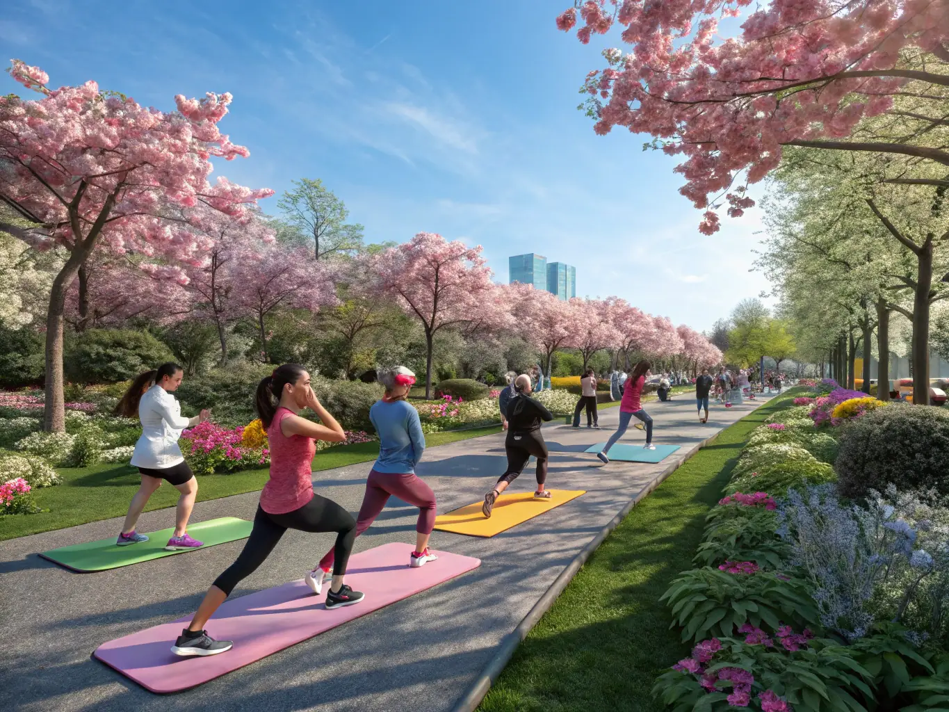A vibrant image of participants of various ages and abilities joyfully participating in a voluntary gymnastics class outdoors, showcasing the inclusive and supportive environment of ASSOCIATION PEIP S SPORT SANTE.